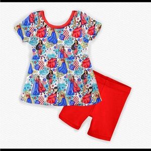 Colorful Disney inspired Print Dress with Red Shorts- Bamboo!